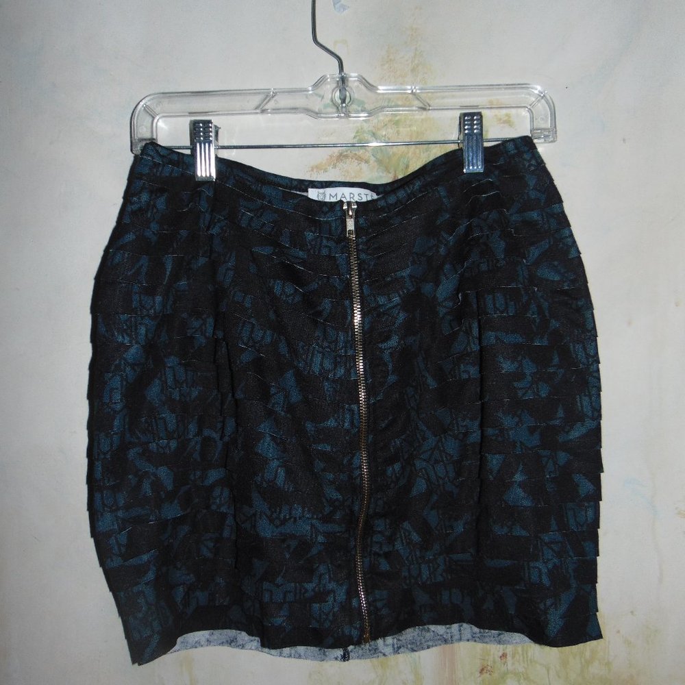 Marste Tiered Ruffle Mini Skirt Black Blue Geometric Zippered Front Size 12-14